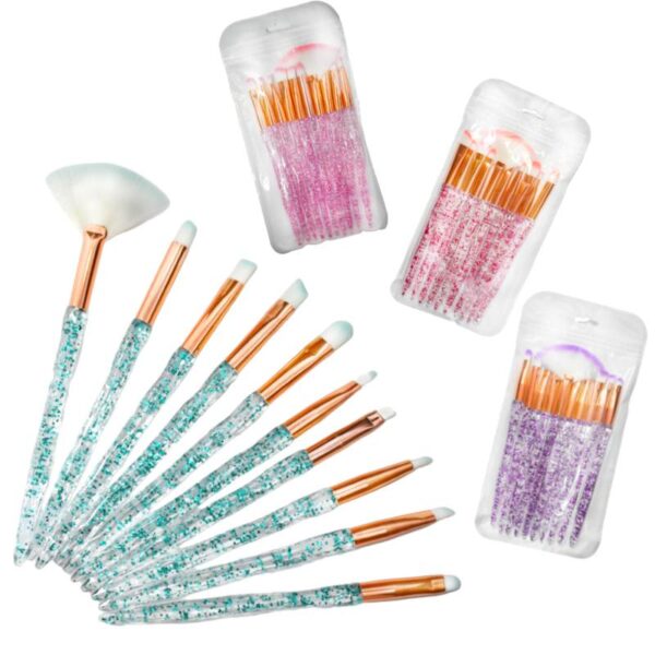 Set de brochas con glitter empaque transparente tornasol 10 unidades. LOTE2