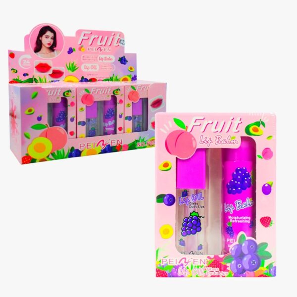 Duo de Balsamo Labial y  Aceite Para Labios en Presentacion de Frutas Surtidos