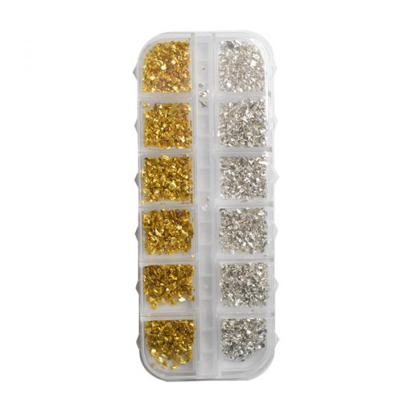 Kit decoraciones para uñas 2c plata y dorado empaque transparente