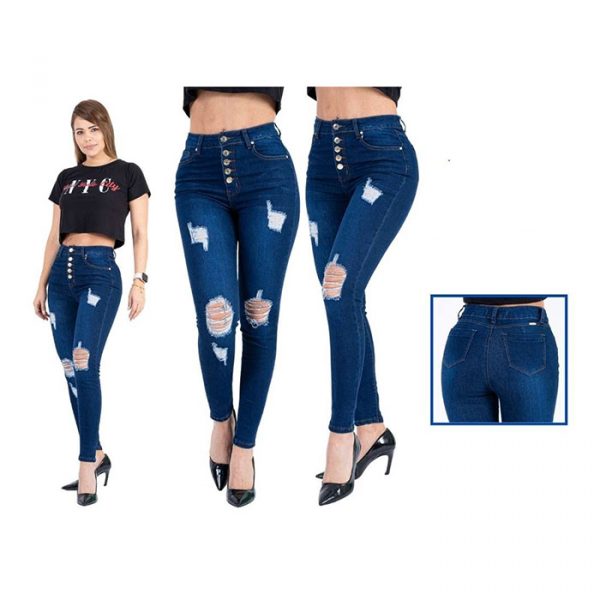 Pantalon xblue color azul con diseño rasgado y 5 botones
