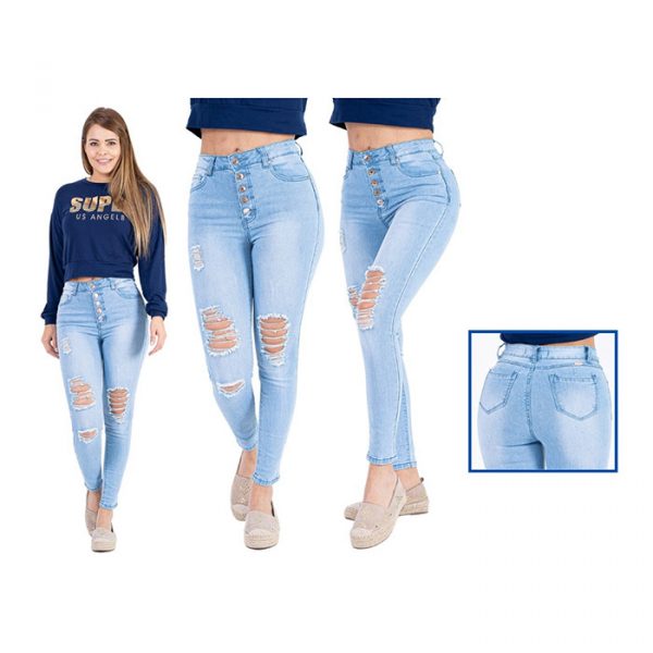 Pantalon xblue color celeste con diseño rasgado y 5 botones