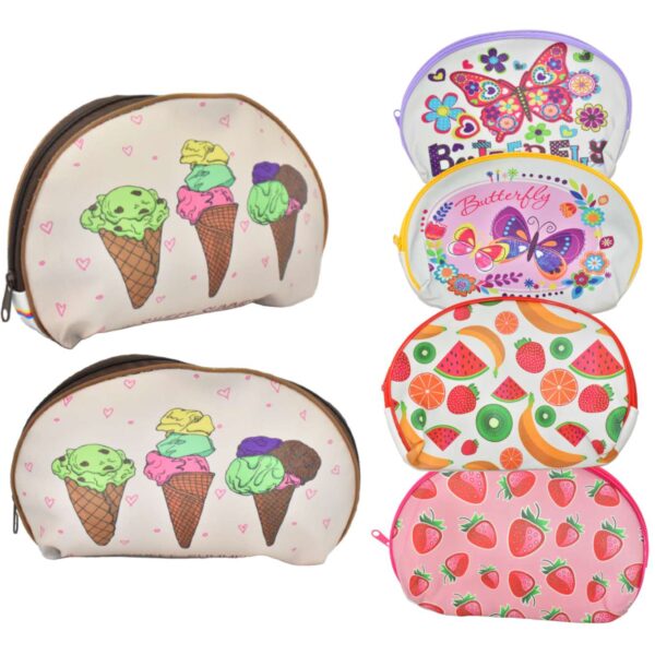 Cosmetiquera con diseños variados de frutas y helado