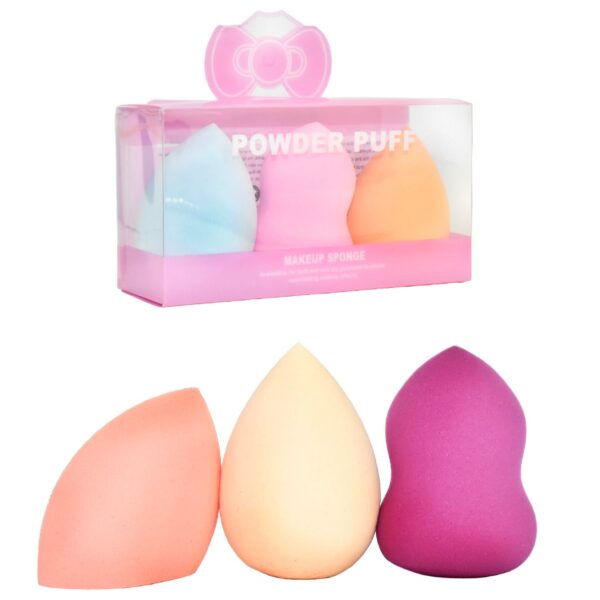 Set de 3 esponjas para maquillaje Powder puff colores surtidos con moño