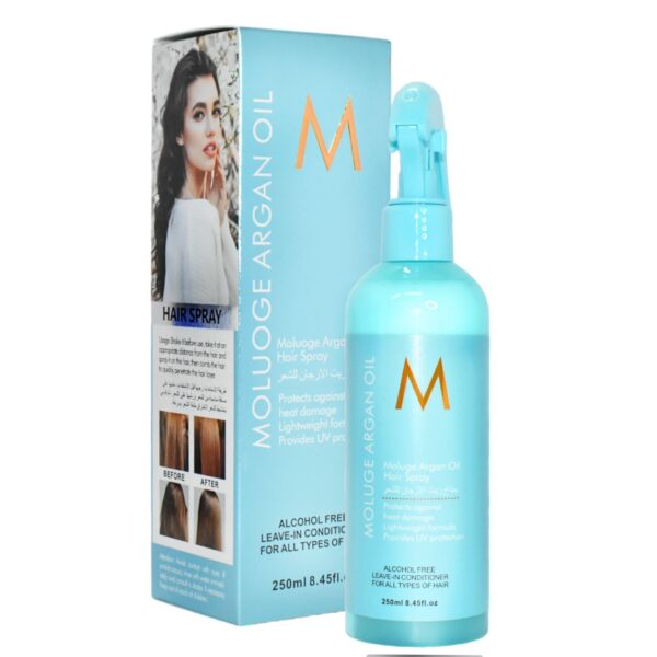 Spray reparador de cabello de aceite de argán 250 ml presentación celeste